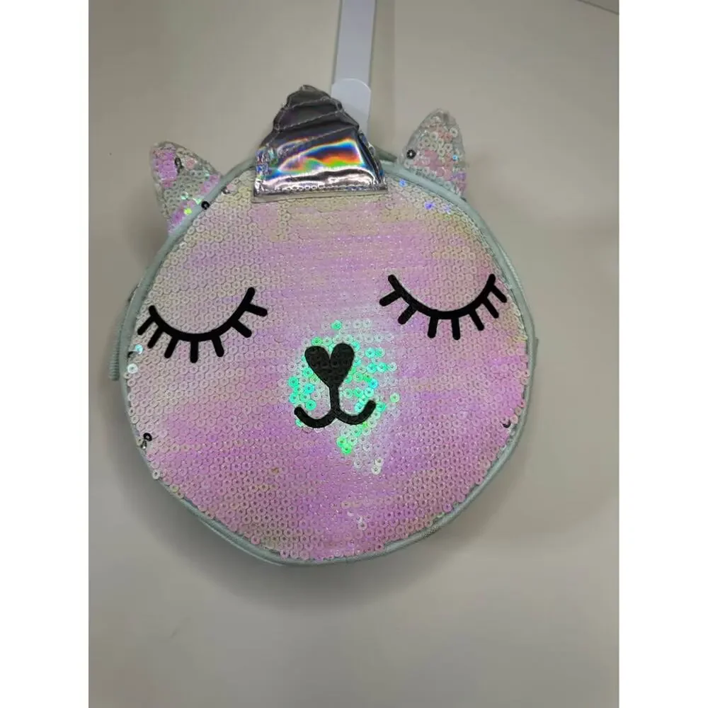 Pastel Rainbow Sequin Unicorn Round Lunch Box Mint Green Iridescent 8”